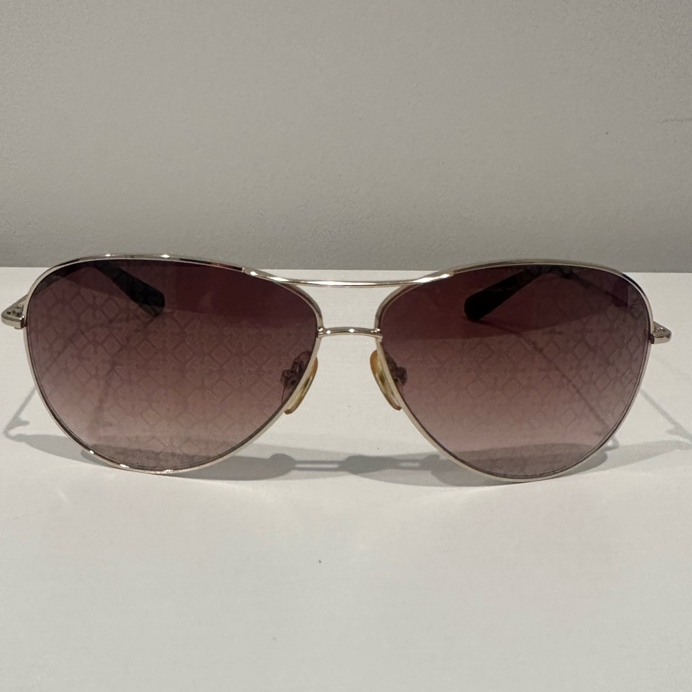 Tory Burch Aviators, Light gold frame, Tory Patterned Pink Tinted Lenses